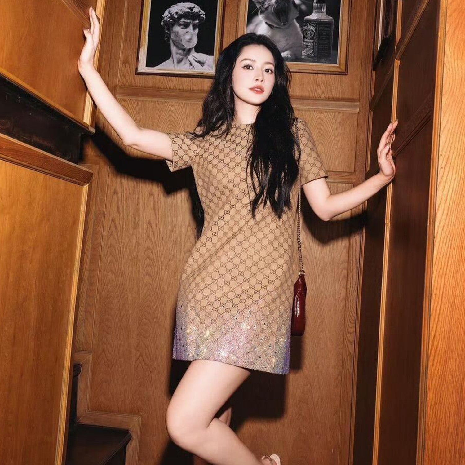 Ladies Spring And Summer Embroidery GG Canvas Rhinestone Gradient Dress Fashion Slim Temperament Elegant Short Dresses #71862