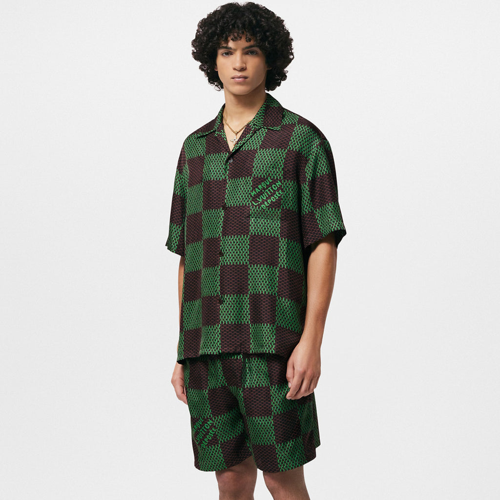 Men's Summer Green Checkerboard Logo Pattern Single Breasted Loose Short Sleeved Shirt High Waisted Elastic Leisure Shorts Pants Sei Suit #98616