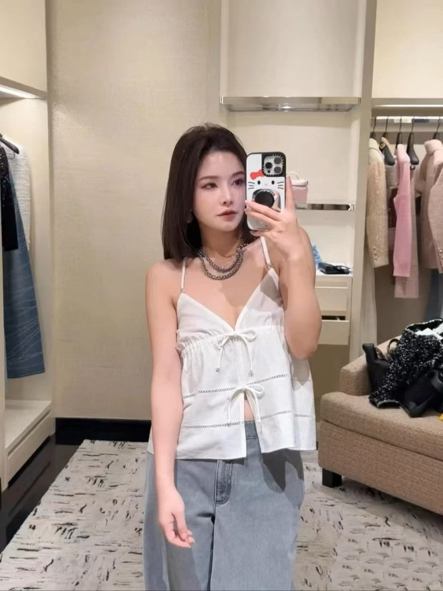 Women's Logo Jacquard Hollowed Out Solid Color Silk Cotton Summer Sleeveless Lace-Up Camisole Top Vest Ngvp #1359