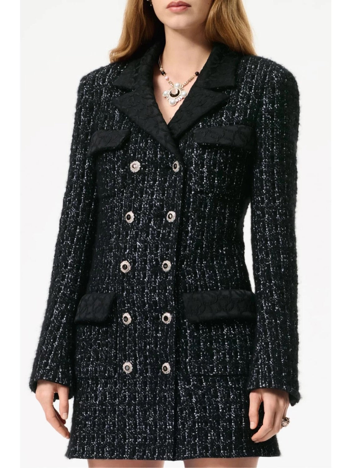 2026 New Women's Double-Breasted Tweed and Silk Trim Mid-Length Jacket with Lapel #81936L