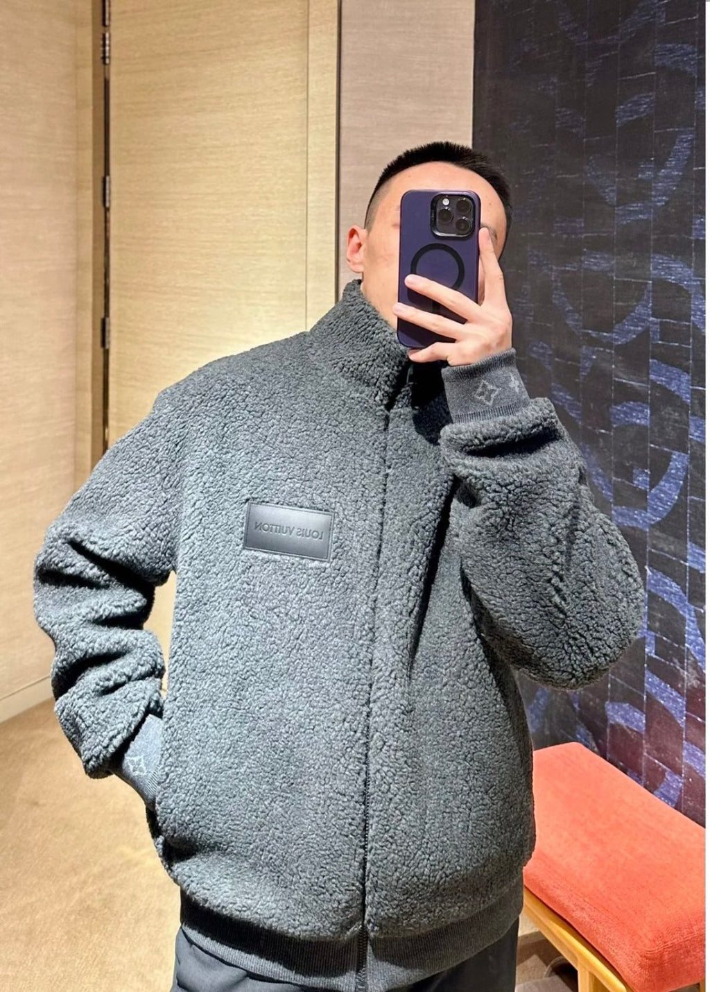 Men's Spring & Autumn Solid Color Logo Jacquard Suede Drawstring Zipper Long Sleeve Jacket #71471