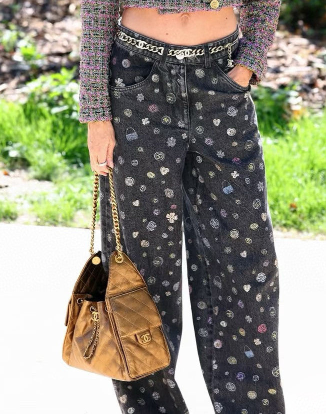 Women's Spring/Fall Fashion Casual Patterned Print Straight-Leg Relaxed Fit Jeans Pants #78615