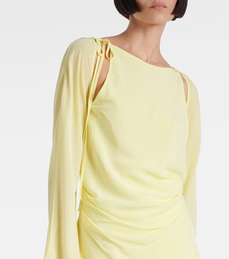 Women's Summer Yellow Lace Side Shoulder Hollow Tie Long Sleeve Fitted Dresses Ngvp #8747