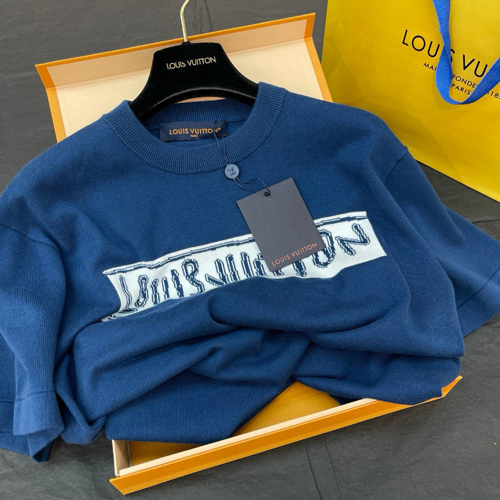 Men's Summer Blue Letter Printed Straight Round Neck Cotton Short Sleeve T-Shirt #98444