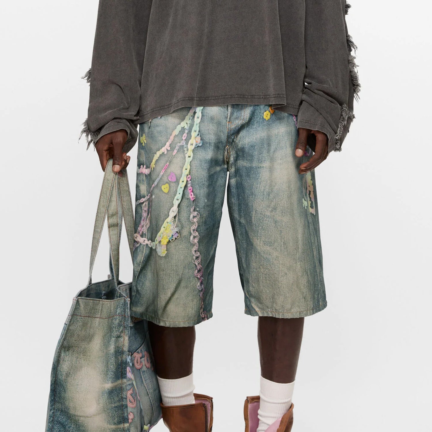 Men's Chain 3D Printed Summer Vintage Cotton Solid Color Loose Fit Denim Shorts Ngvp #1223