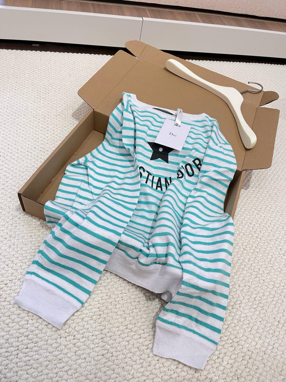 Women's Spring Summer Mint Green Striped Printed Cashmere Linen Knitwear Top Long Sleeve T-shirt #72331