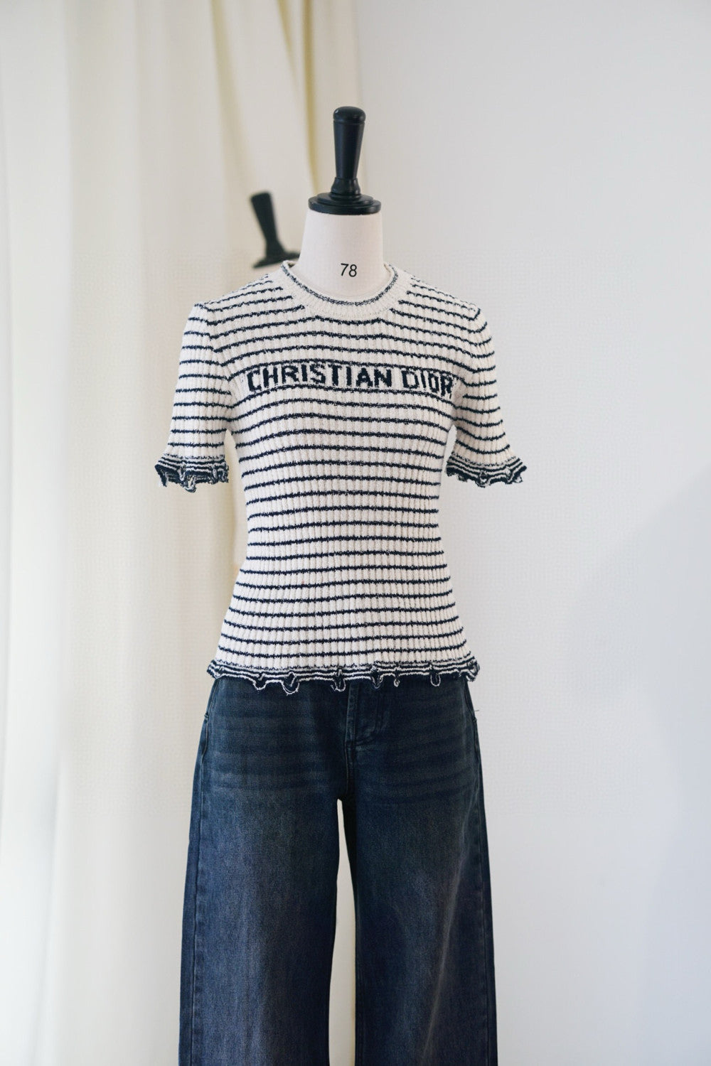 Women's Summer Logo Letter Printed Striped Round Neck Knit Short Sleeve T-Shirt #74843