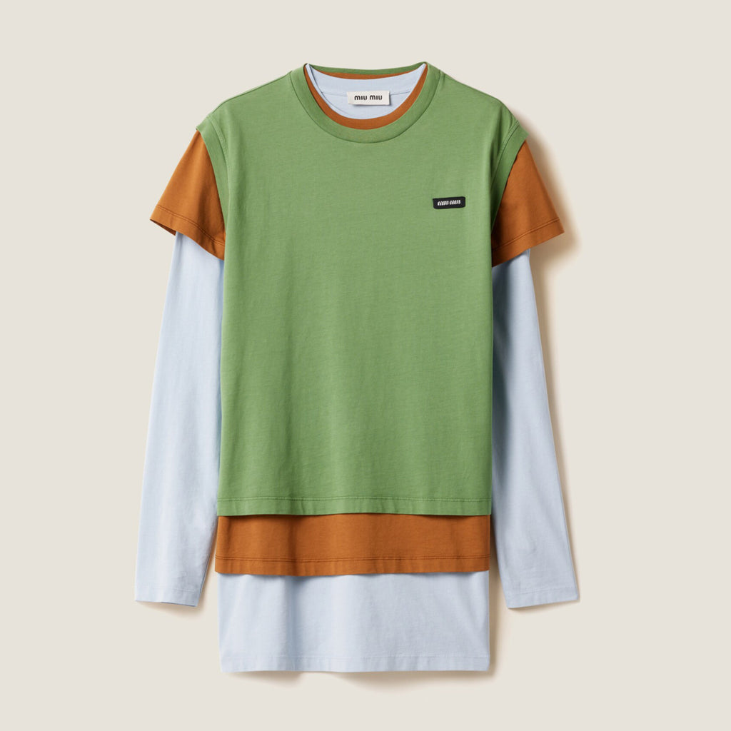 Women's Summer Clashing Color Embroidery Letter Logo Round Neck 3 Piece Layered T-Shirt Set  #74498