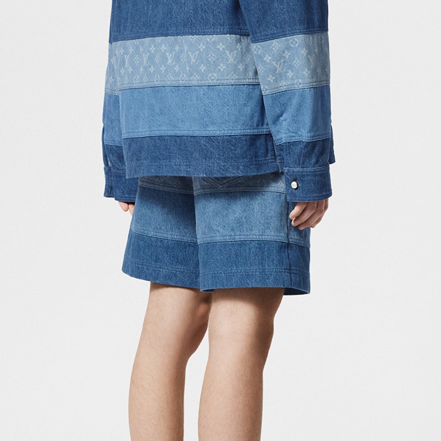 Men's Spring And Summer Fashion Retro Print Casual Pants Striped Stitching Denim Shorts #72324