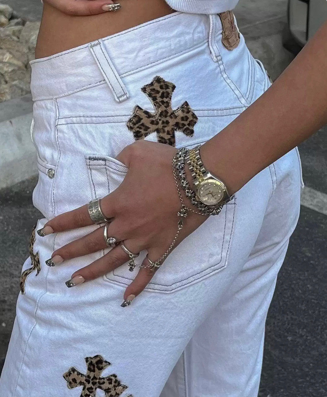 Men's Four Seasons High Street Leopard Cross Embroidered Old White Casual Straight Leg Trousers #98635