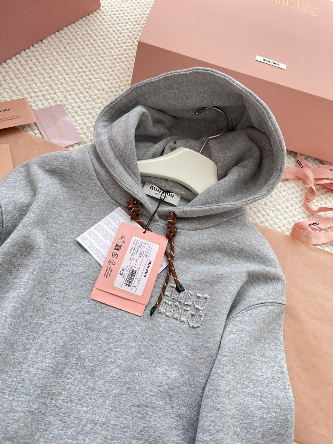 Women's Spring and Autumn Gray Logo Embroidery Hooded Drawstring Cotton Loose Long Sleeve Sweatshirt #73334