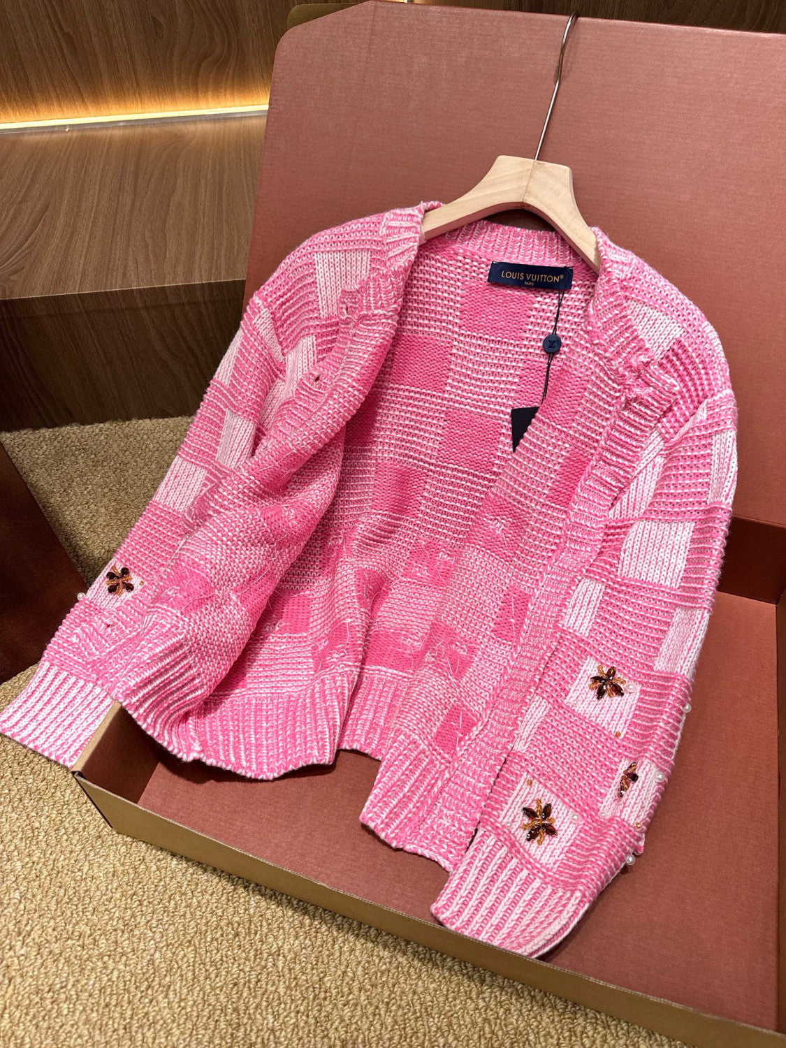 DAMIER Men's And Women's Spring/fall Fashion Casual Crew Neck Single-button Checkered Pattern Sweater With Delicate Floral Embroidery Details Knit Cardigan #79247