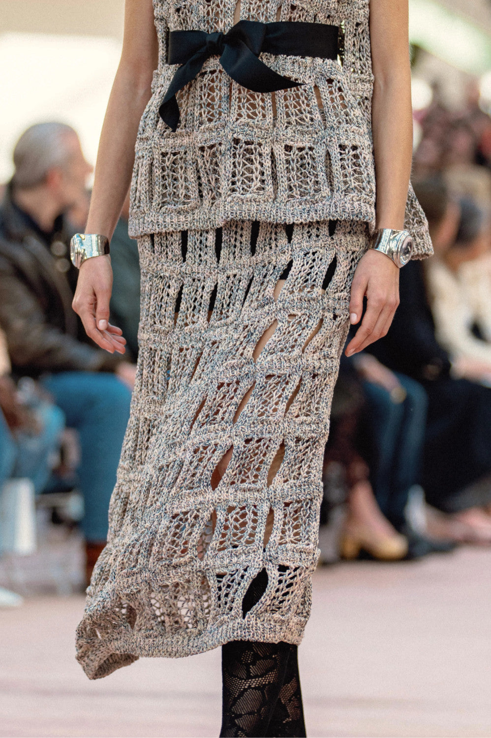 Women's Spring And Summer High Street Cotton Silk Hollow Bow Decoration V-neck Sleeveless Vest Casual Medium-length Knitted Half Skirt Ngvp #1526