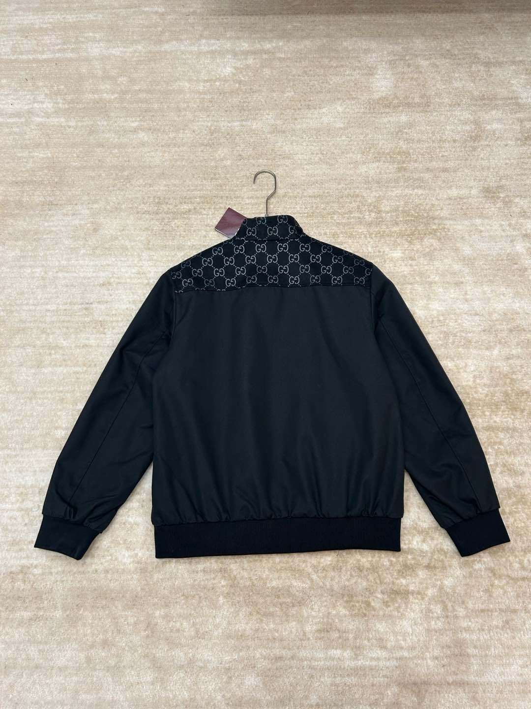 Men's GG Embossed Suede Pilot Jacket Black Fashionable Stand Collar Zipper Jacket #194012