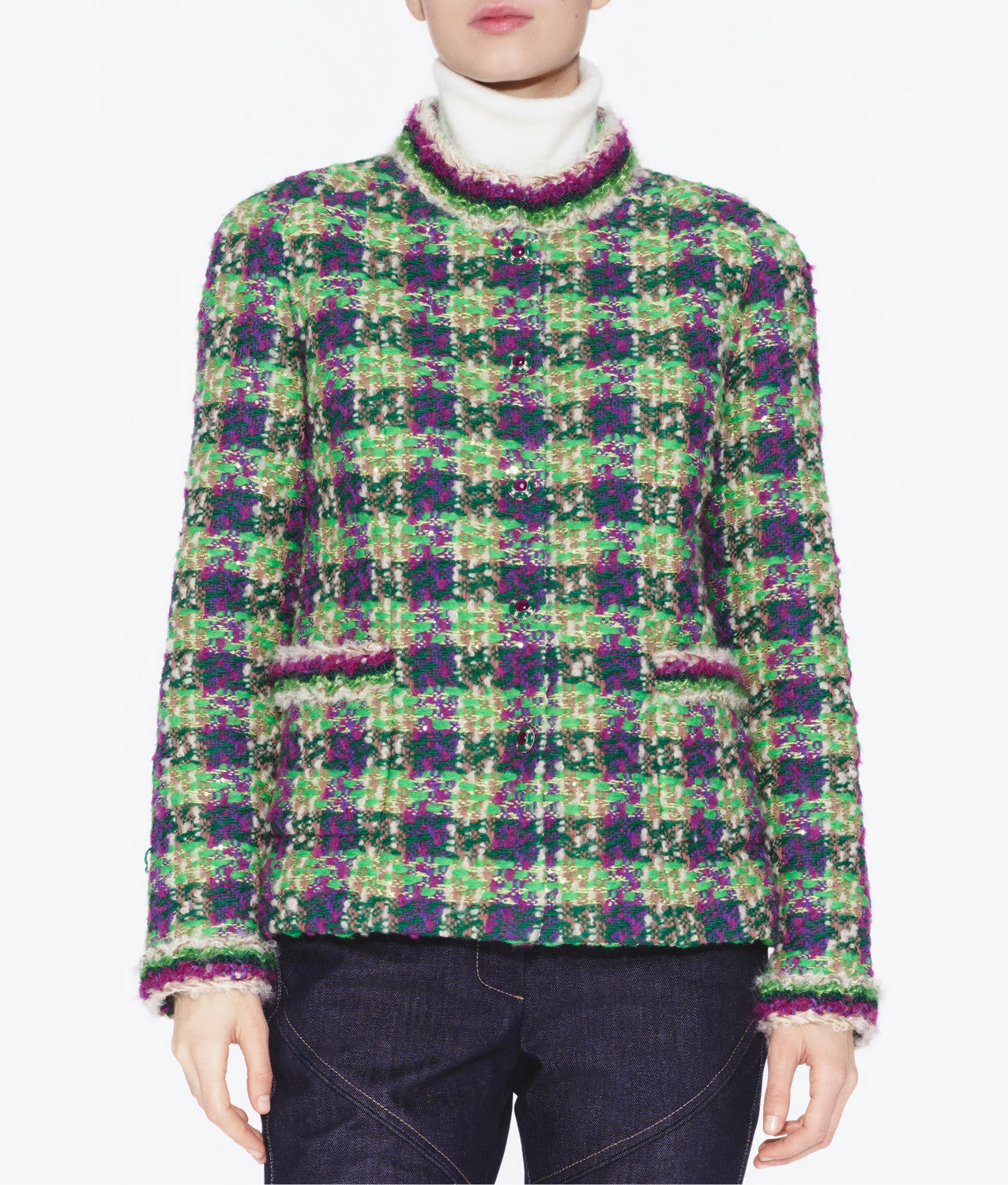 25 New Arrival Women's Sequined Tweed Jacket with Retro Check Woven Pattern and Metal Button Opening #83194A