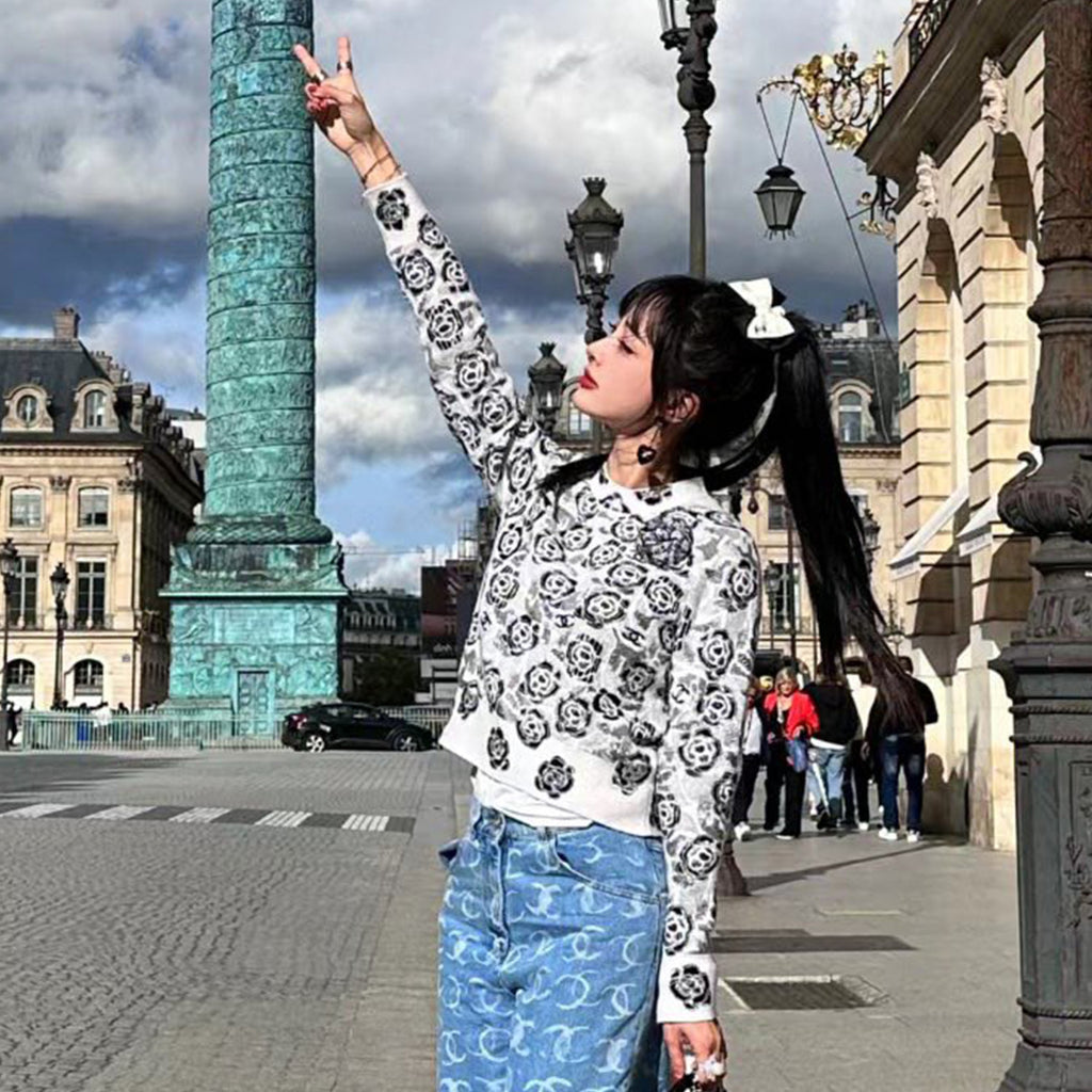 Women's Fall And Winter Sequin Cashmere Sweater Camellia Logo Jacquard Knit Pullover Sweater Knitted #71656