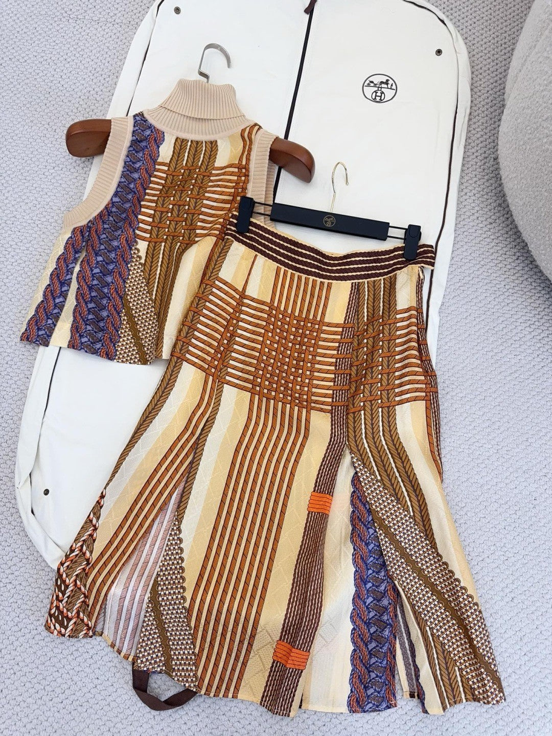 Women's Spring/Summer 2026 Silk printed check pattern Knitted and silk patchwork Shirt dress Suit Set #82539A