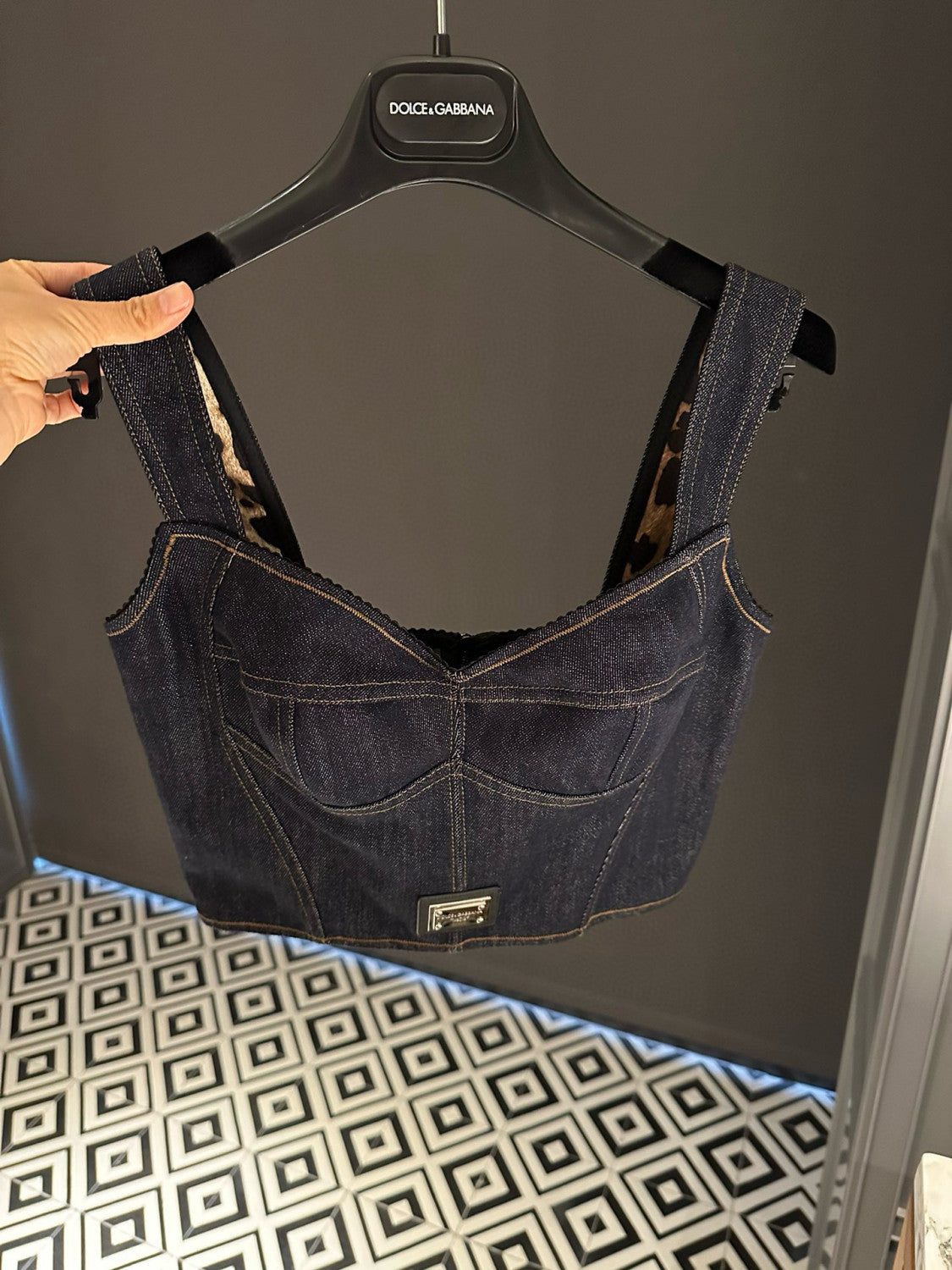 Women's Solid Colour Vest Washed Denim Bra Style Suspender Jacket Lined Leopard Printed #76862