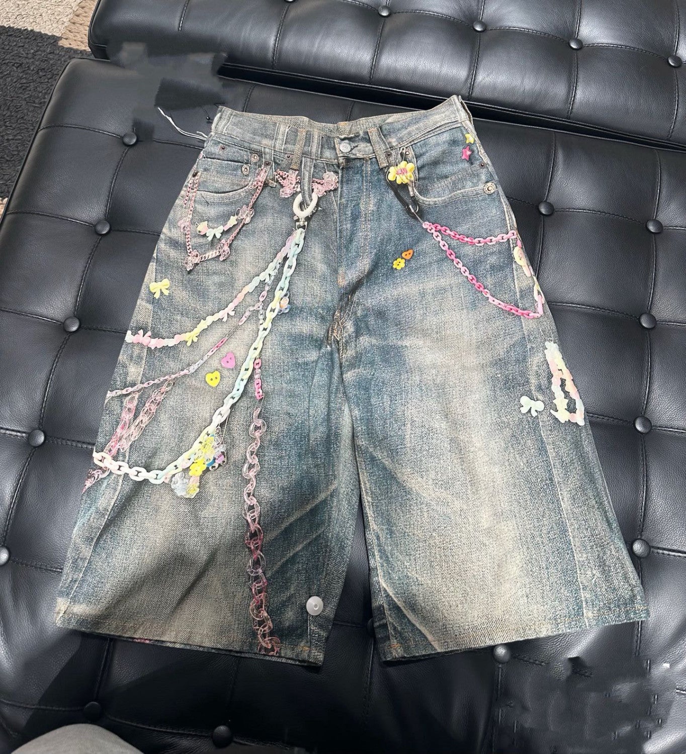 Men's Chain 3D Printed Summer Vintage Cotton Solid Color Loose Fit Denim Shorts Ngvp #1223