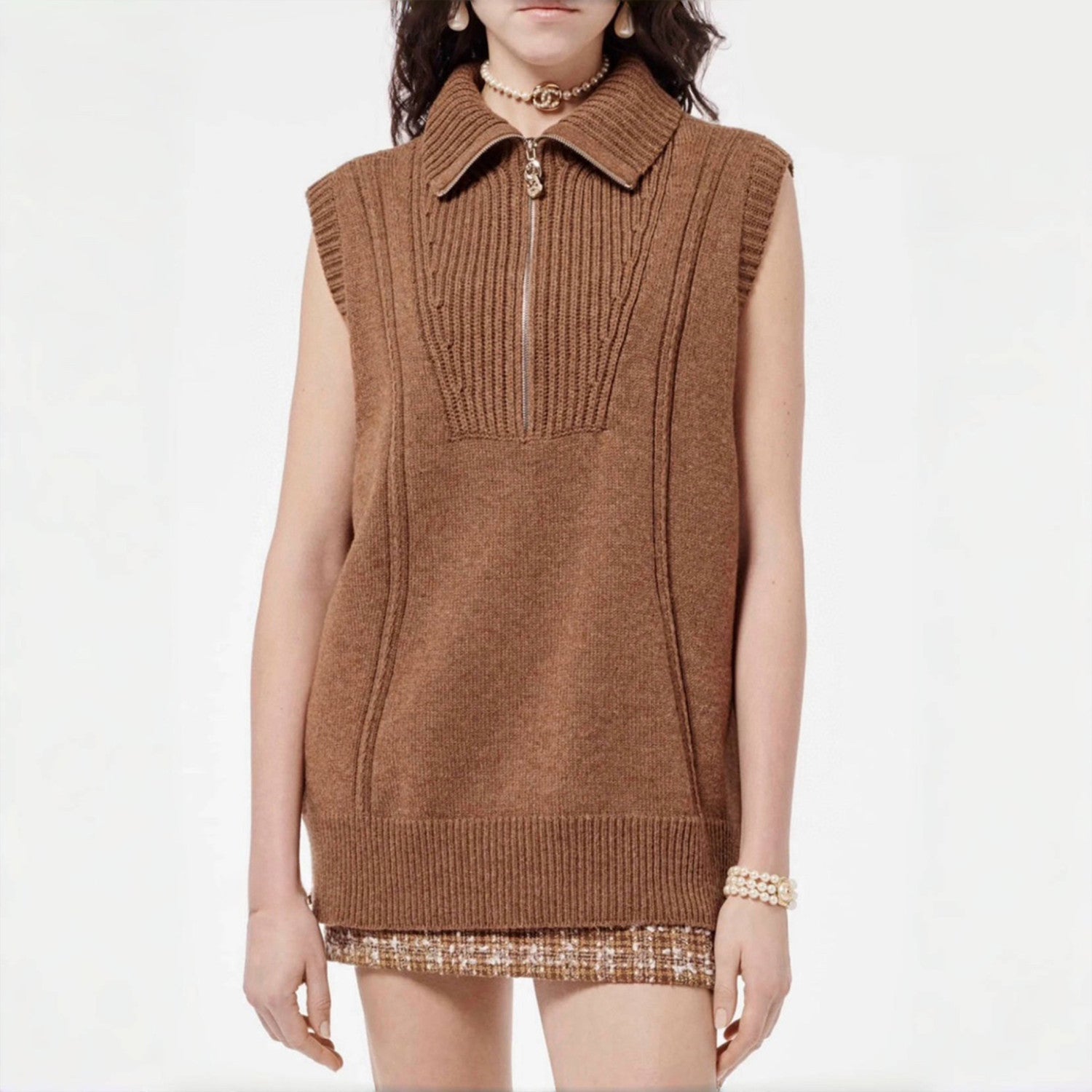 Women's Spring And Autumn Brown Zipper Vintage Fashion Cashmere Knit Vest Sleeveless Single Breasted Top Ngvp #8941