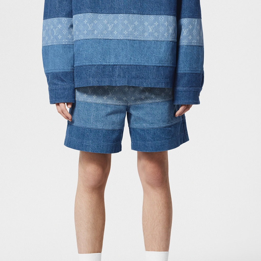 Men's Spring And Summer Fashion Retro Print Casual Pants Striped Stitching Denim Shorts #72324