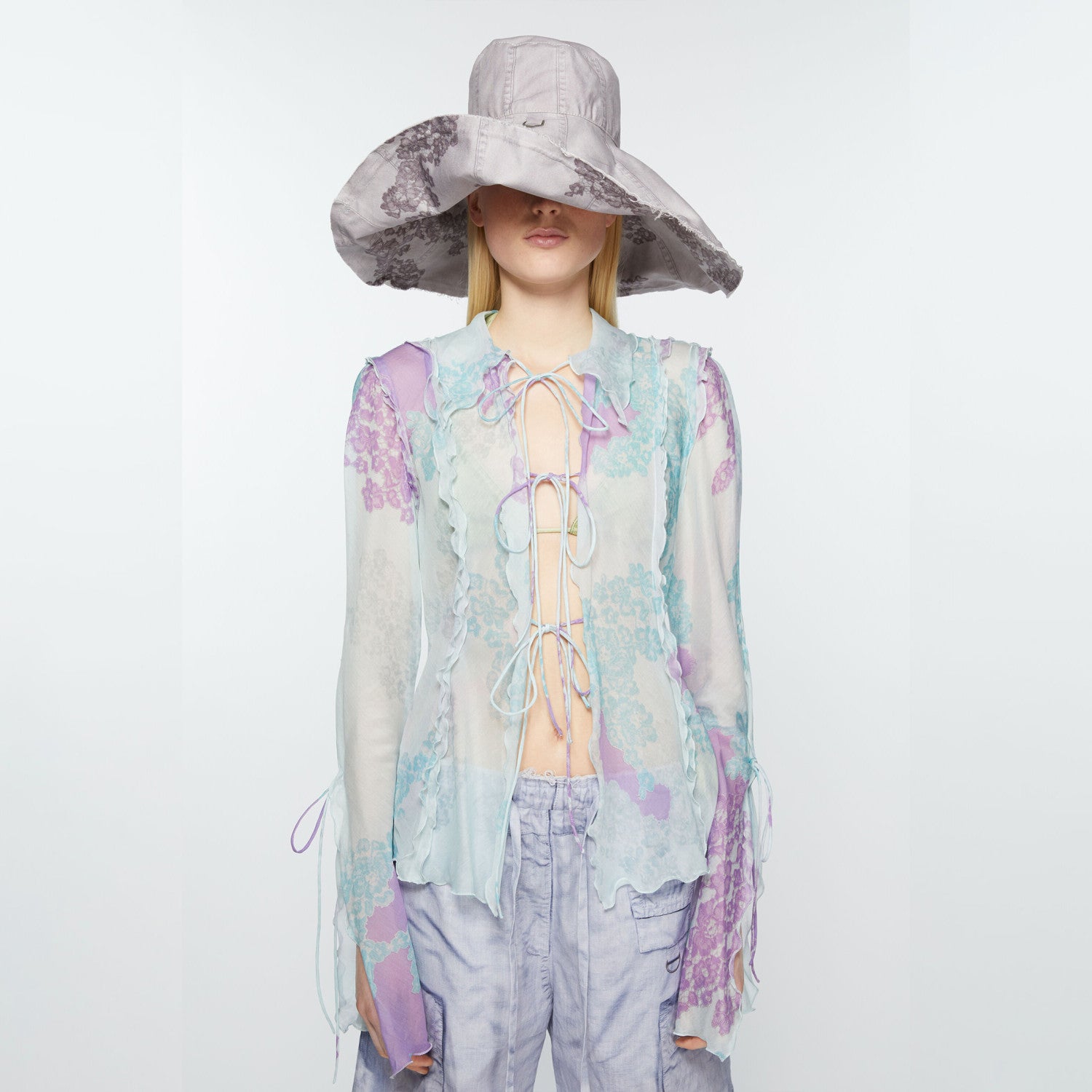 Women's Spring And Summer Fantasy 3d Printing Tie Wave Edge Long Sleeve See Through Blouse Fashion Trend Shirt Ngvp #8786