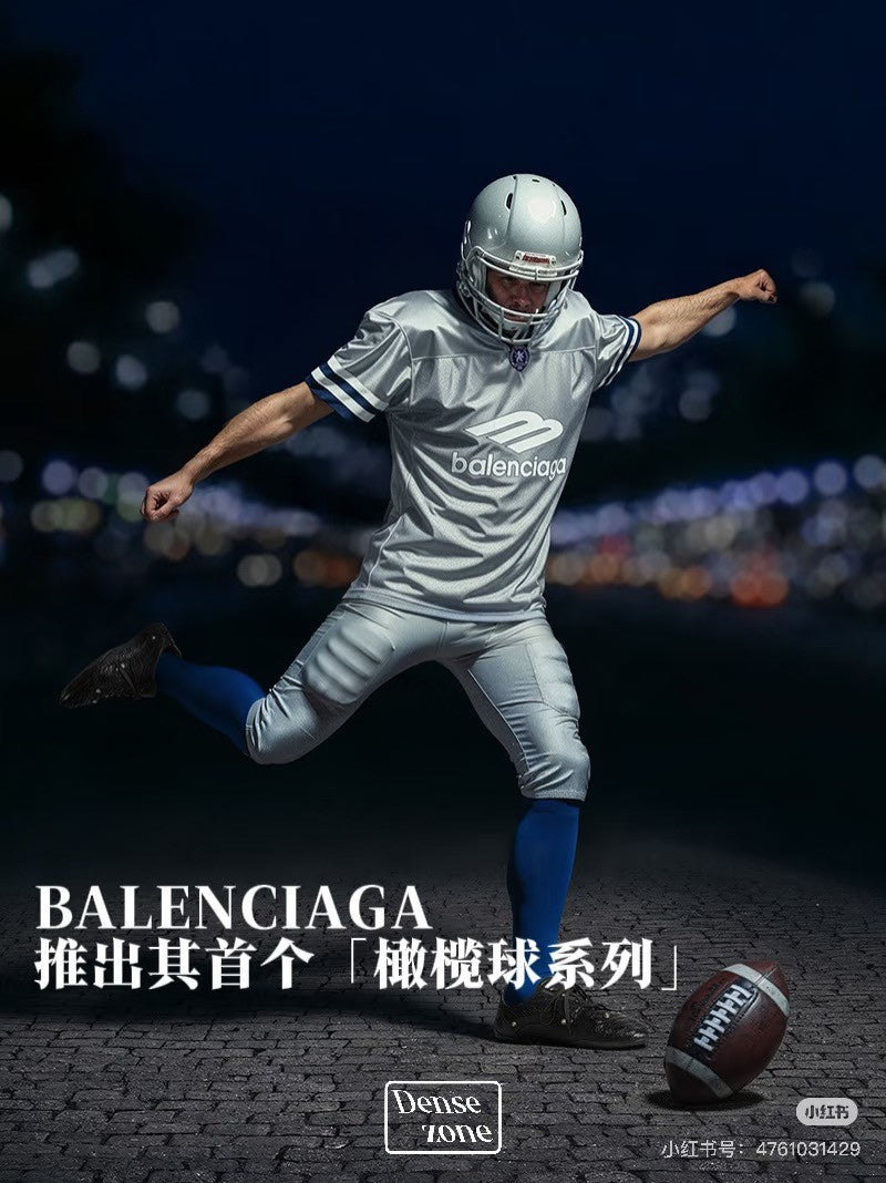 26 Spring 3B FOOTBALL Oversized V-Neck T-Shirt Silver and Bright Blue Fashionable High-Street Trend T-Shirt #82348A
