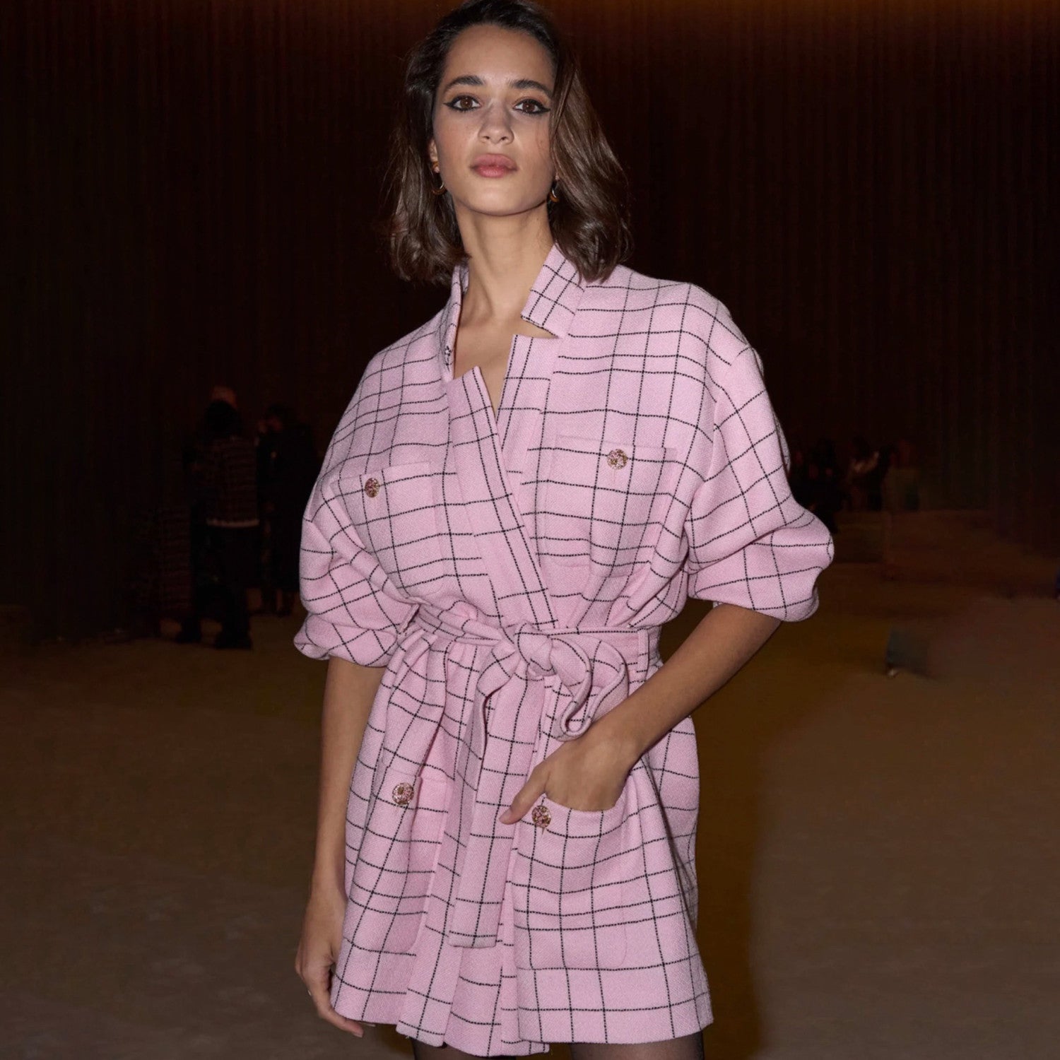 Women's Spring And Autumn Pink Plaid Flip Collar Single Breasted Thick Tweed Waist Wrapped Long Jacket Dress Ngvp #8527