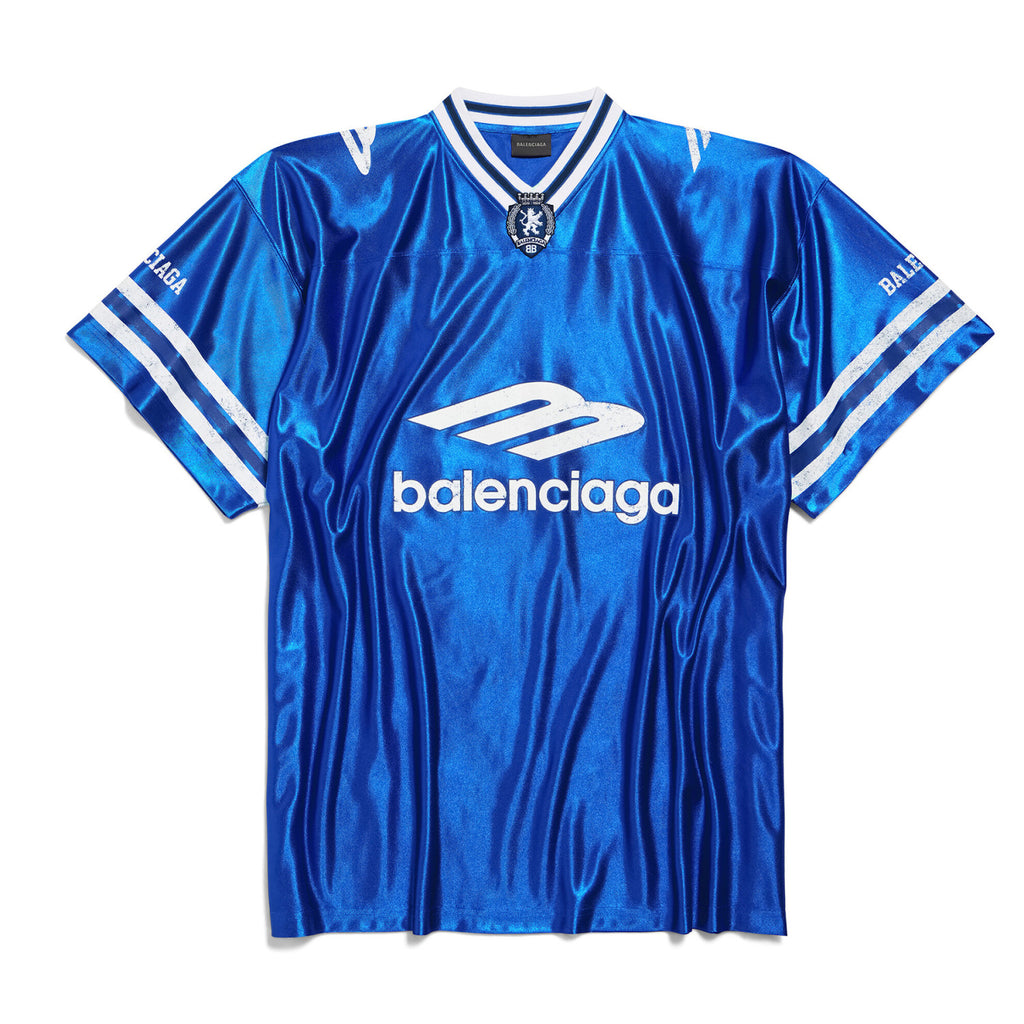 26 Spring 3B FOOTBALL Oversized V-Neck T-Shirt Silver and Bright Blue Fashionable High-Street Trend T-Shirt #82348A