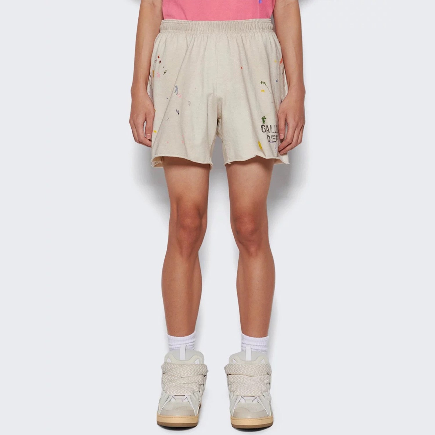 Men's And Women's Splashed Ink Graffiti Rice White Shorts Retro Fashion High Street Trend Casual Elastic Waist Drawstring Shorts Pants Ngvp #9237