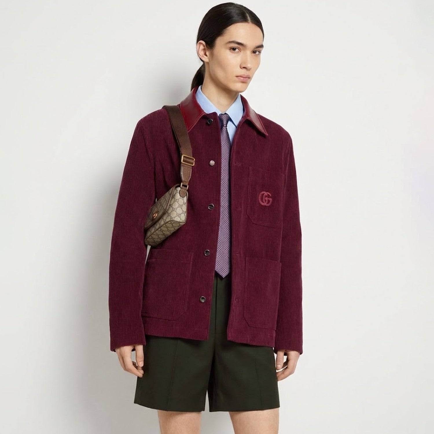 Men's Early Spring Burgundy Collared Single-breasted Shirt Jacket With Gg Embroidery Fashion Quilted Shirt-style Outerwear #194490