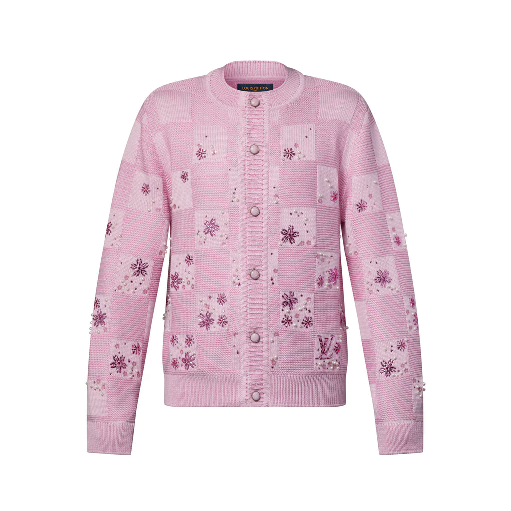 DAMIER Men's And Women's Spring/fall Fashion Casual Crew Neck Single-button Checkered Pattern Sweater With Delicate Floral Embroidery Details Knit Cardigan #79247