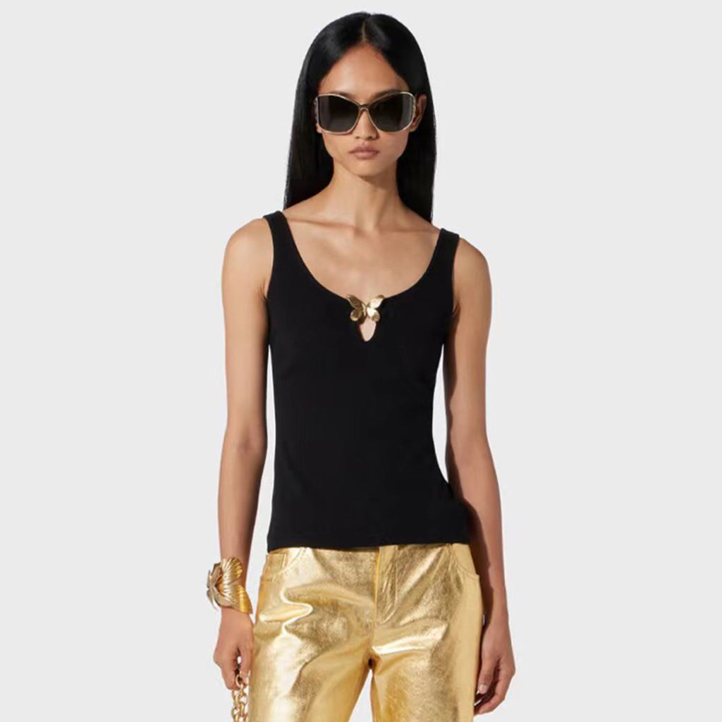 Blumarine Women's Spring And Summer Delicate Butterfly Metal Jewelry Vest Stretch Black Undershirt Fashion Casual Knit Sleeveless Tops Ngvp #8912