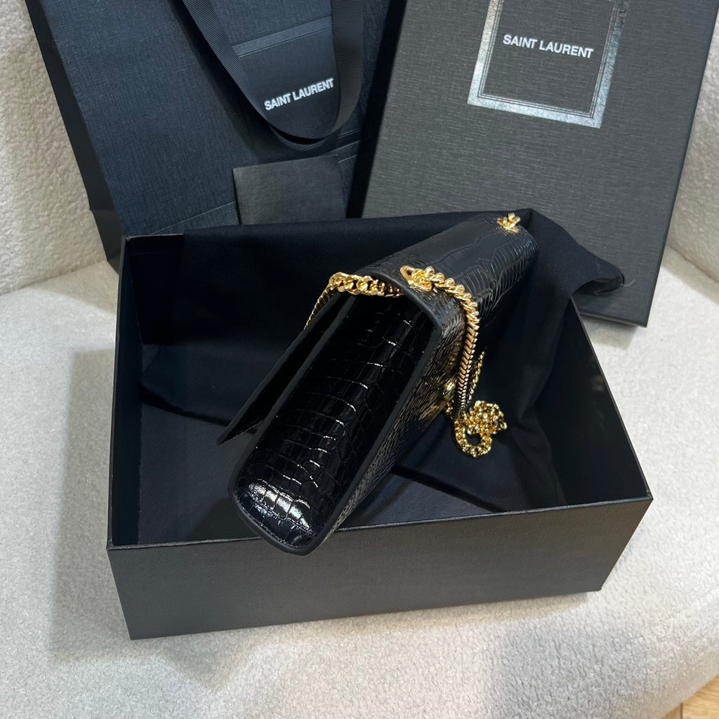 YS Women Black Gold Label Logo Chain Crocodile Embossed Glossy Cowhide Crossbody Shoulder Bag Bags #74268