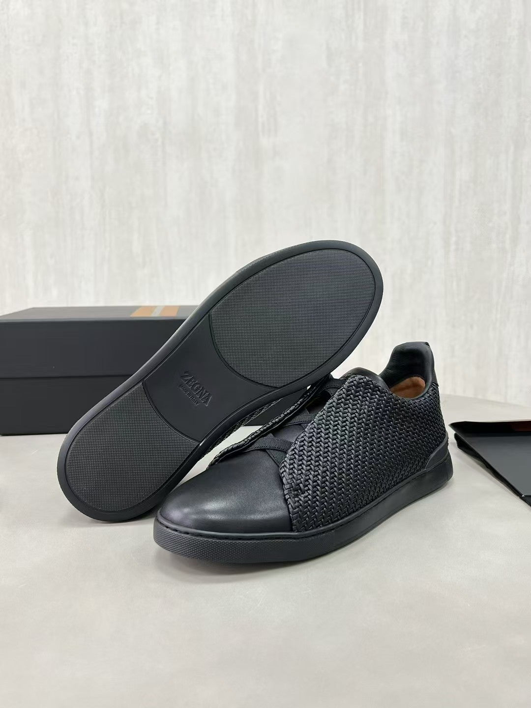 Ermenegildo Zegna Stitch Men's Solid Color Round Toe Slip-On Woven Leather Casual Skate Shoes #77926