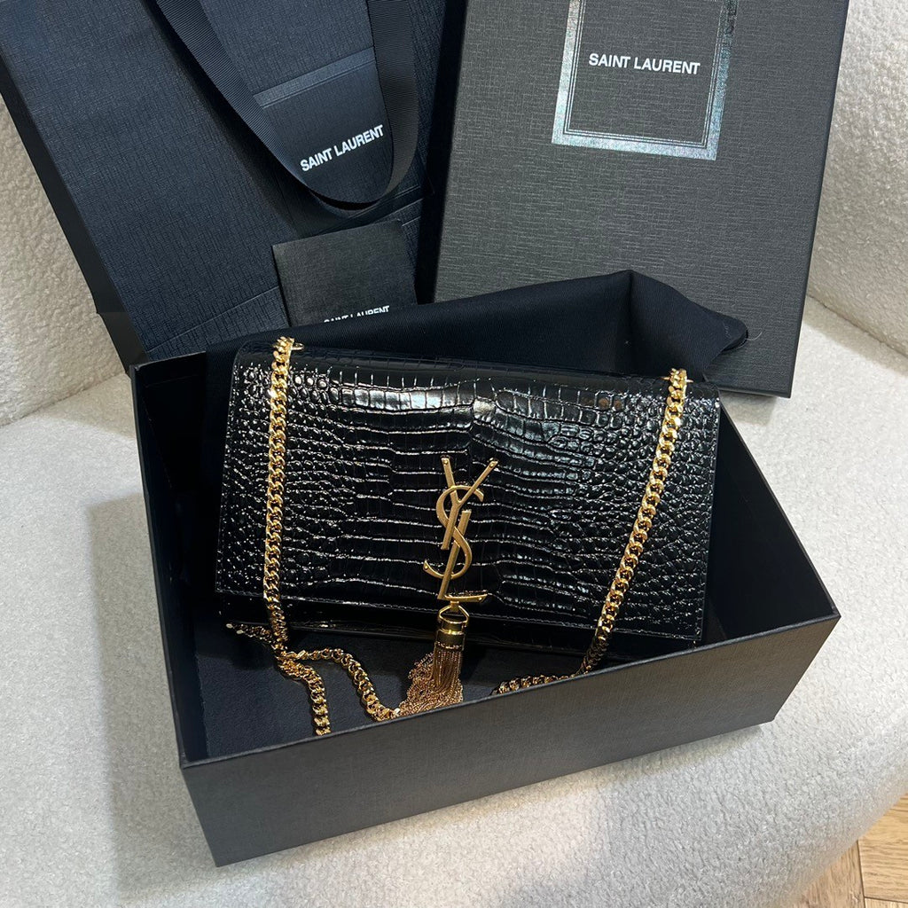 YS Women Black Gold Label Logo Chain Crocodile Embossed Glossy Cowhide Crossbody Shoulder Bag Bags #74268