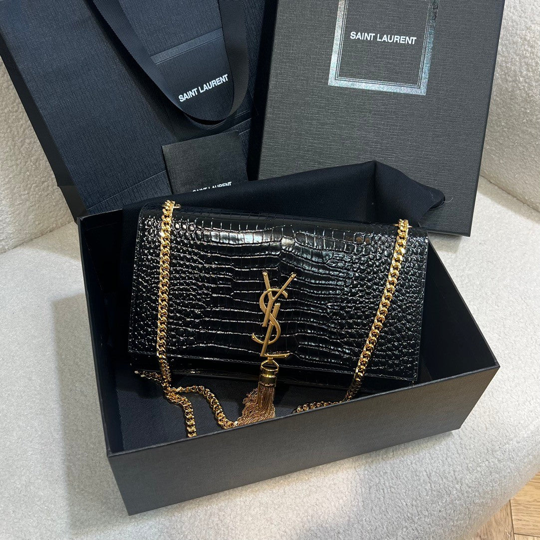 YS Women Black Gold Label Logo Chain Crocodile Embossed Glossy Cowhide Crossbody Shoulder Bag Bags #74268
