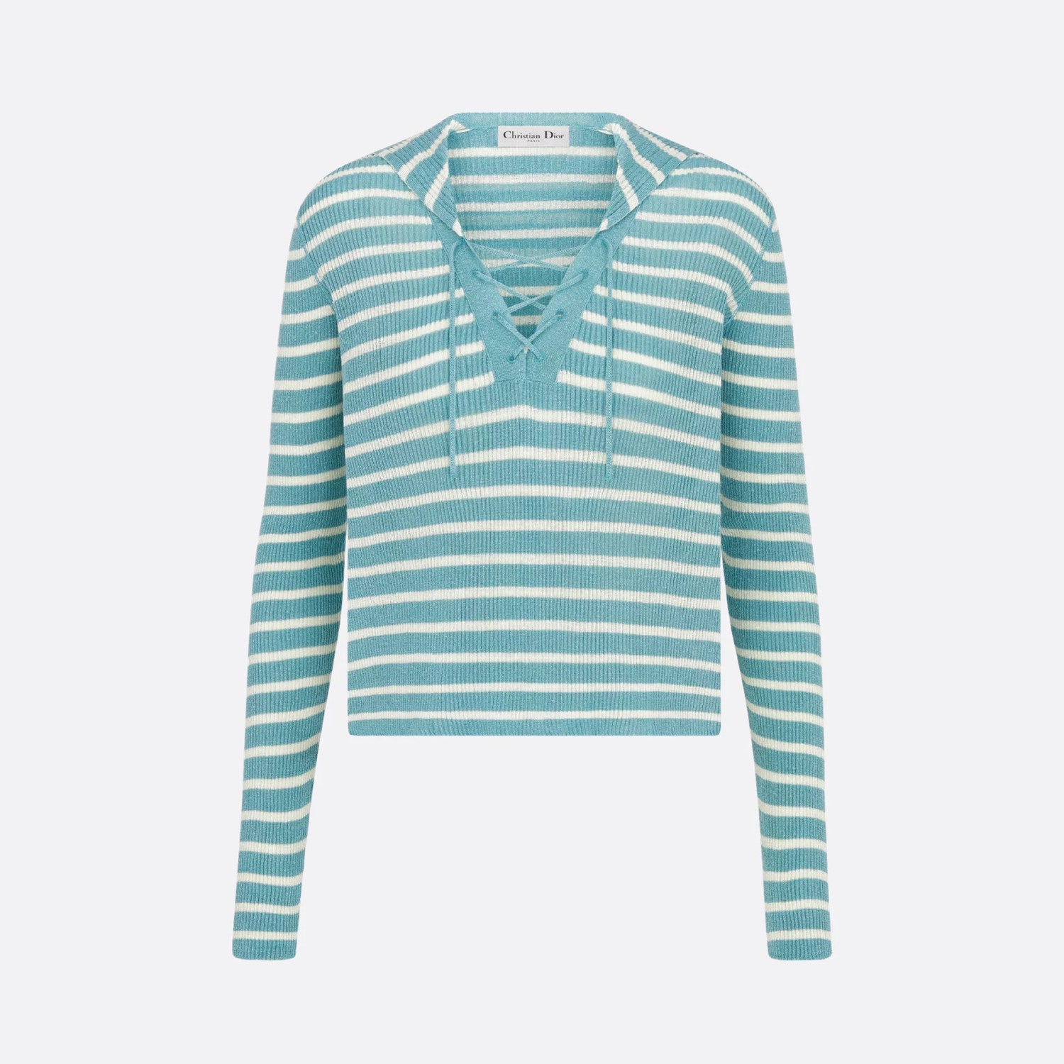 Women's Summer Solid Color Striped Print Tie-Up V-Neck Long Sleeve Stretch Knit Sweater Top #77768