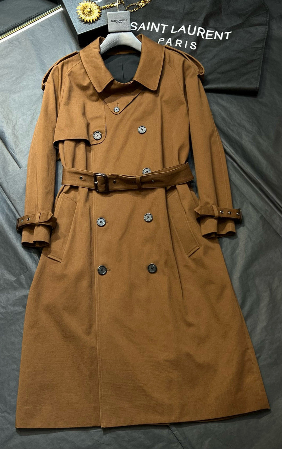 Women's Spring And Autumn Solid Color Belt Double-Breasted Buckle Lapel Medium-Length Cotton Long-Sleeved Windbreaker Jacket Ngvp #7867