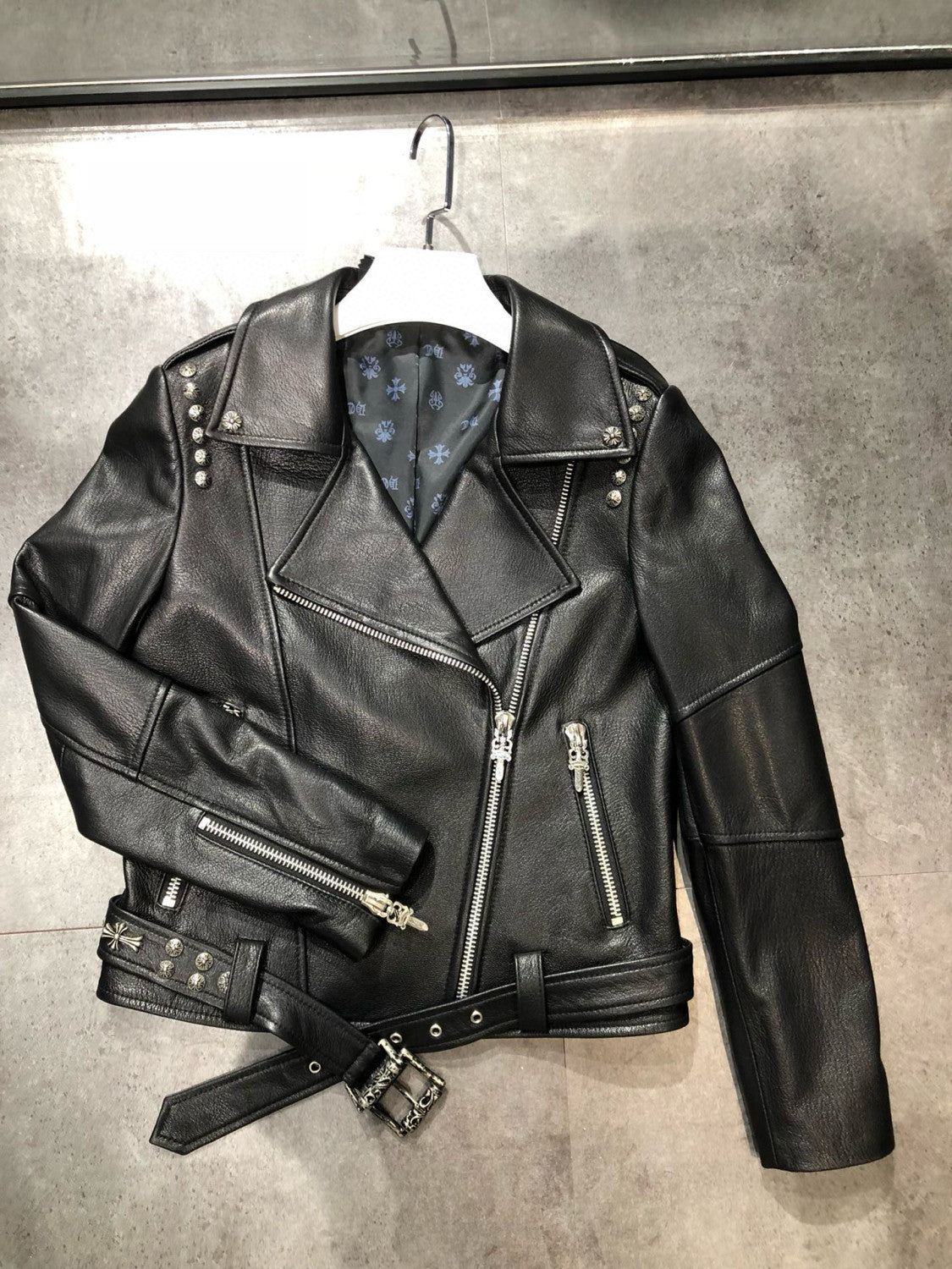 Women's Autumn and Winter Solid Color Slant Zipper Sheepskin Long Sleeve Lapel Biker Jacket #98463