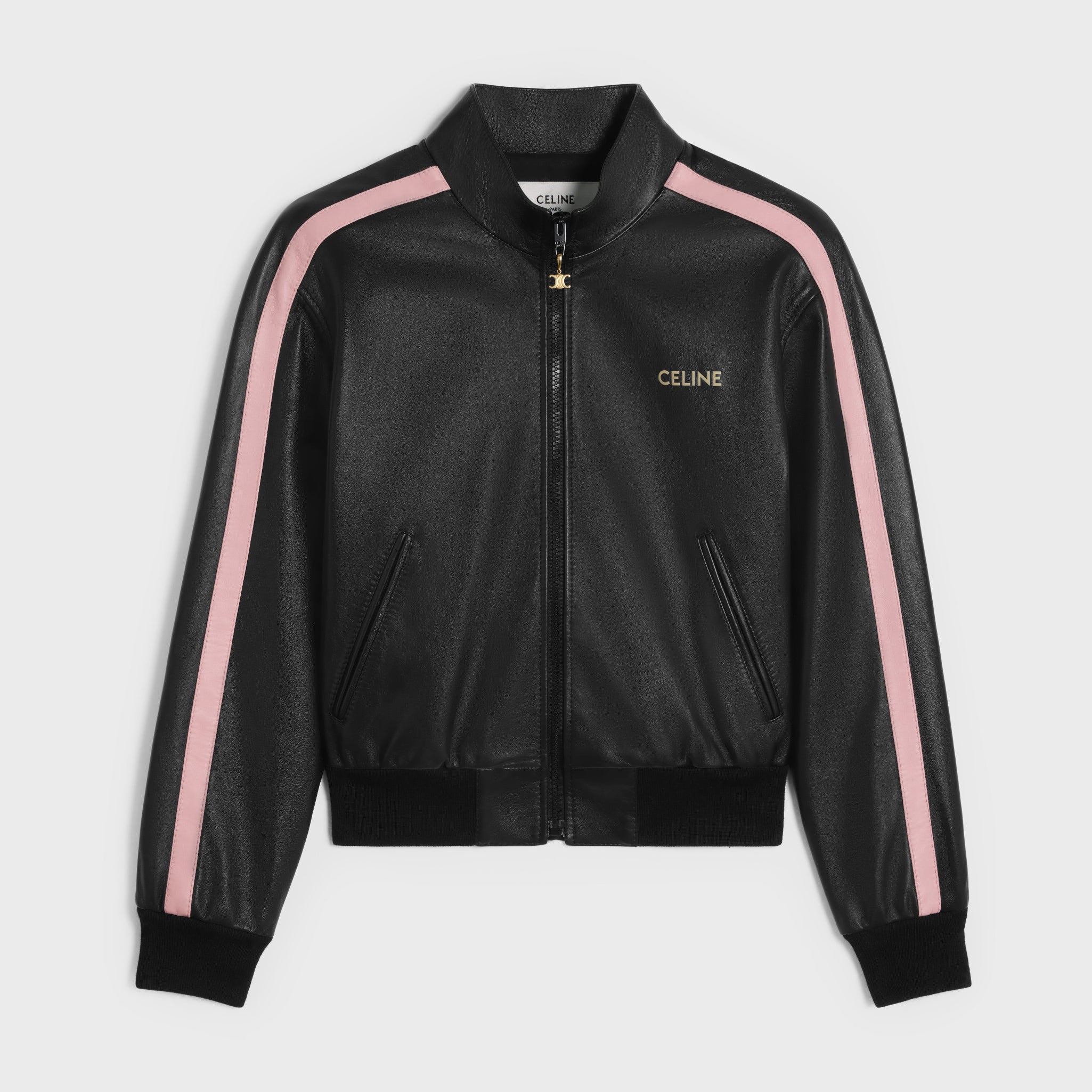 Women's Spring and Autumn Alphabet Logo Printed Striped High Neck Zipper Leather Jacket Elastic Low Waist Pants Suit Set #72526