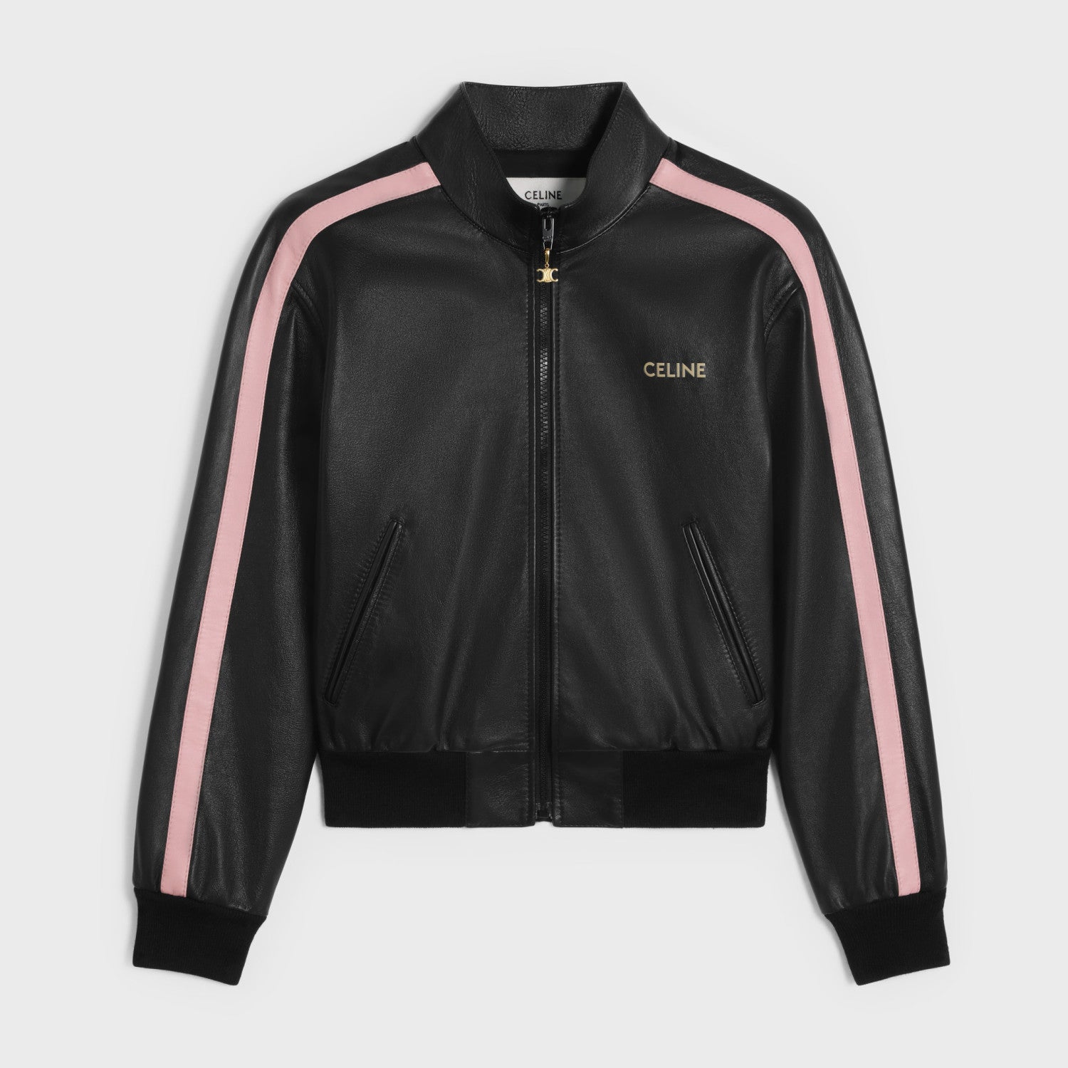 Women's Spring and Autumn Alphabet Logo Printed Striped High Neck Zipper Leather Jacket Elastic Low Waist Pants Suit Set #72526