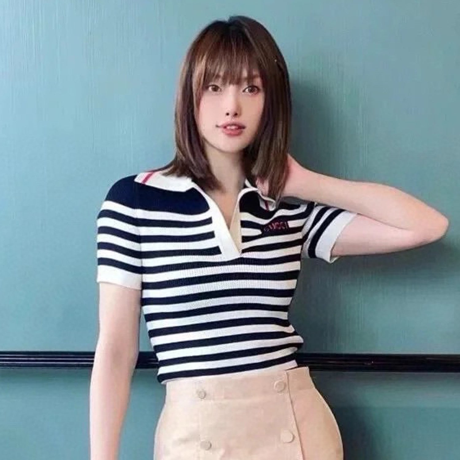 Women's Spring And Summer Striped Letter Logo Polo Knit Sweater Fashion Casual Temperament V-neck Short Sleeve T-shirt  #71379