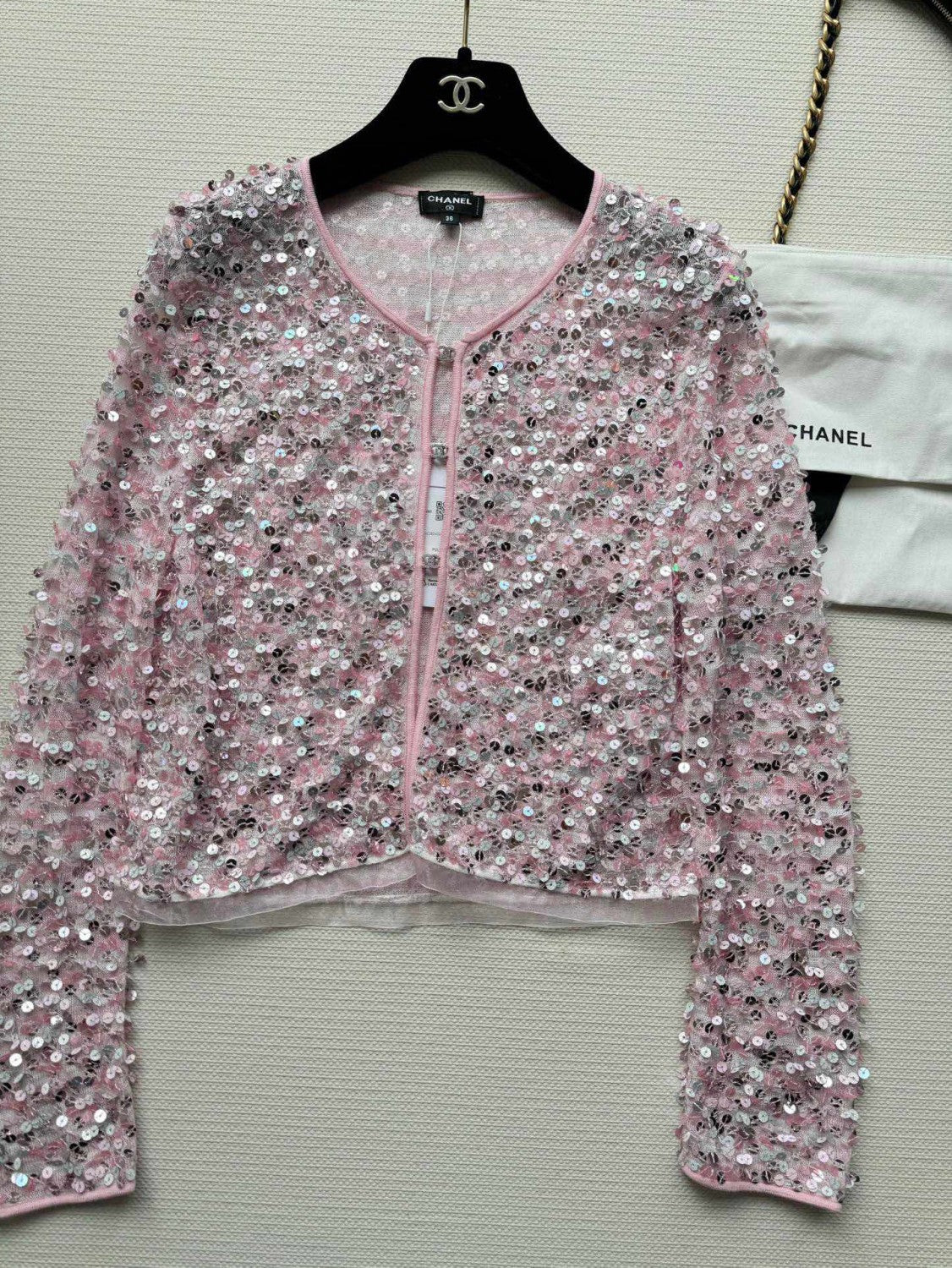 Women's Spring And Summer Sequin Design Round Neck Single-breasted Pink Long sleeved Knit Sweater Jacket #73656