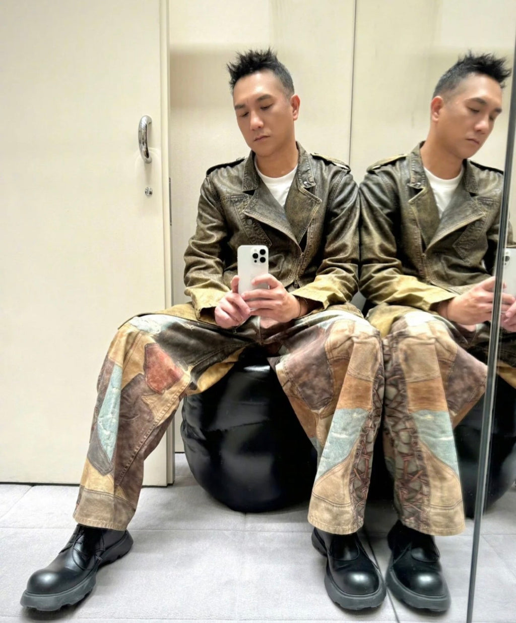 Men's Four Seasons Vintage Mud Dye Spliced Printed Loose Cotton Mid Waist Wide Leg Denim Pants Ngvp #8369