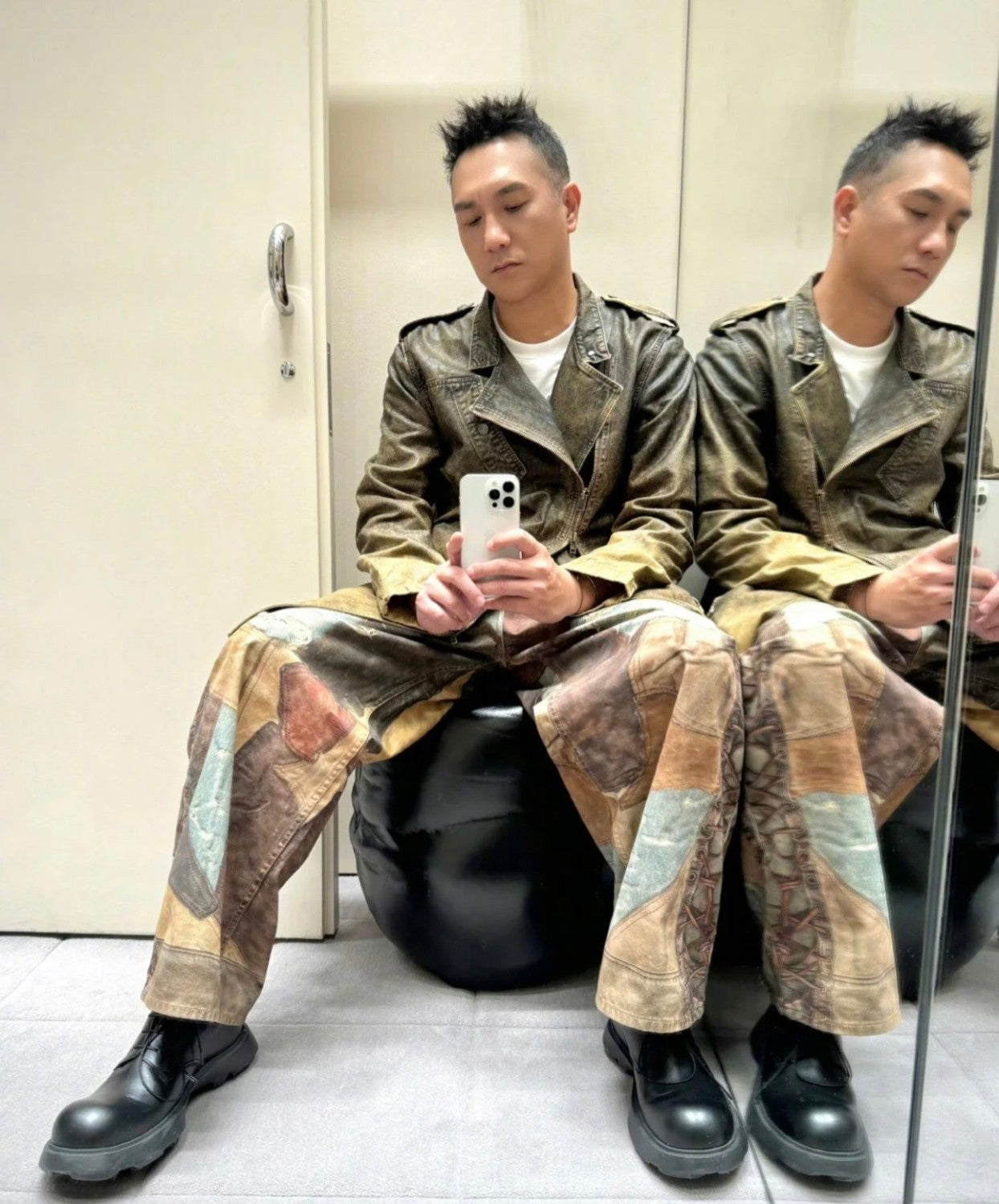 Men's Four Seasons Vintage Mud Dye Spliced Printed Loose Cotton Mid Waist Wide Leg Denim Pants Ngvp #8369