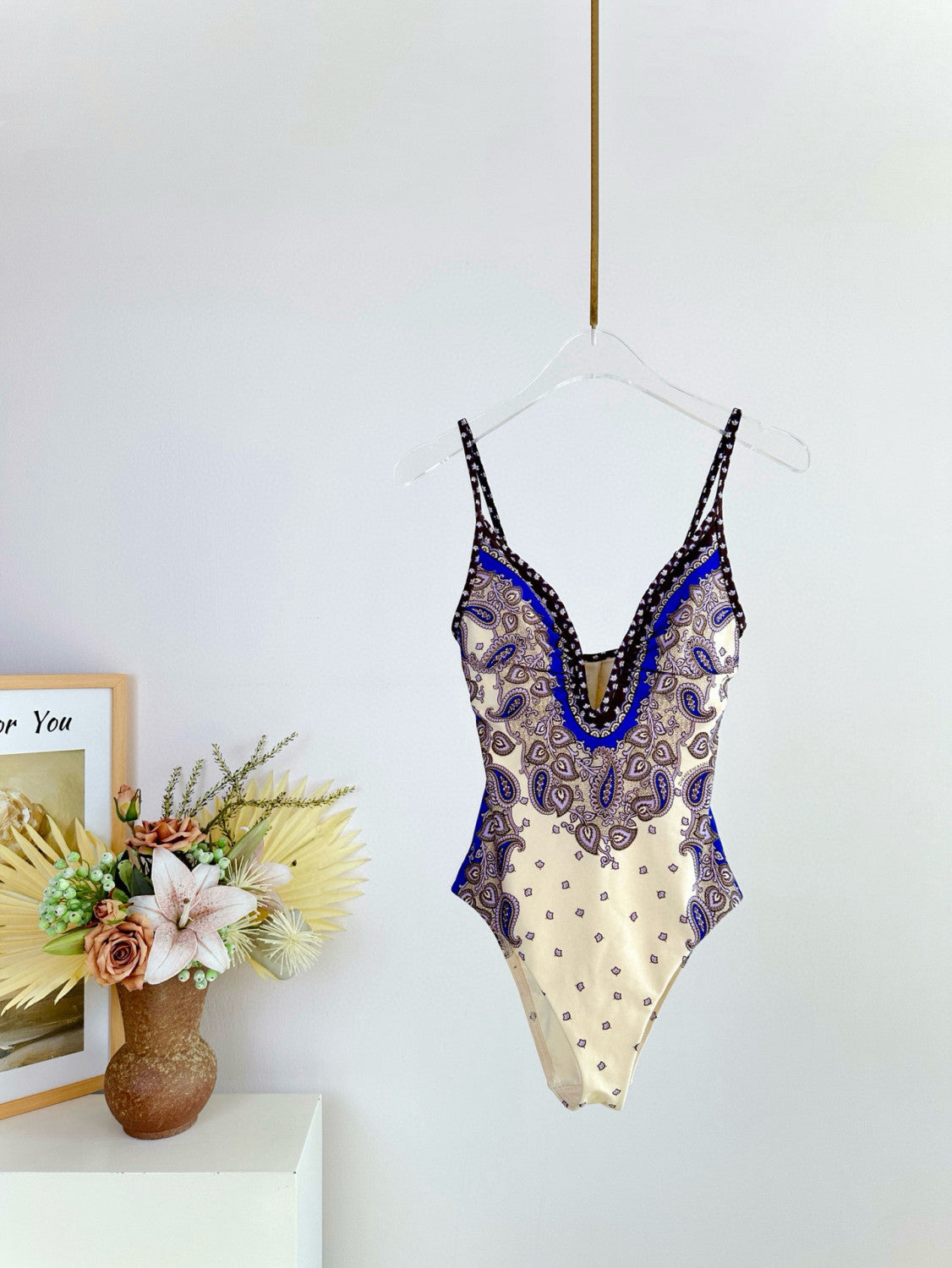 Women's Summer Deep V-neck Floral Pattern Printed Strapless One-piece Swimsuit Top #77287