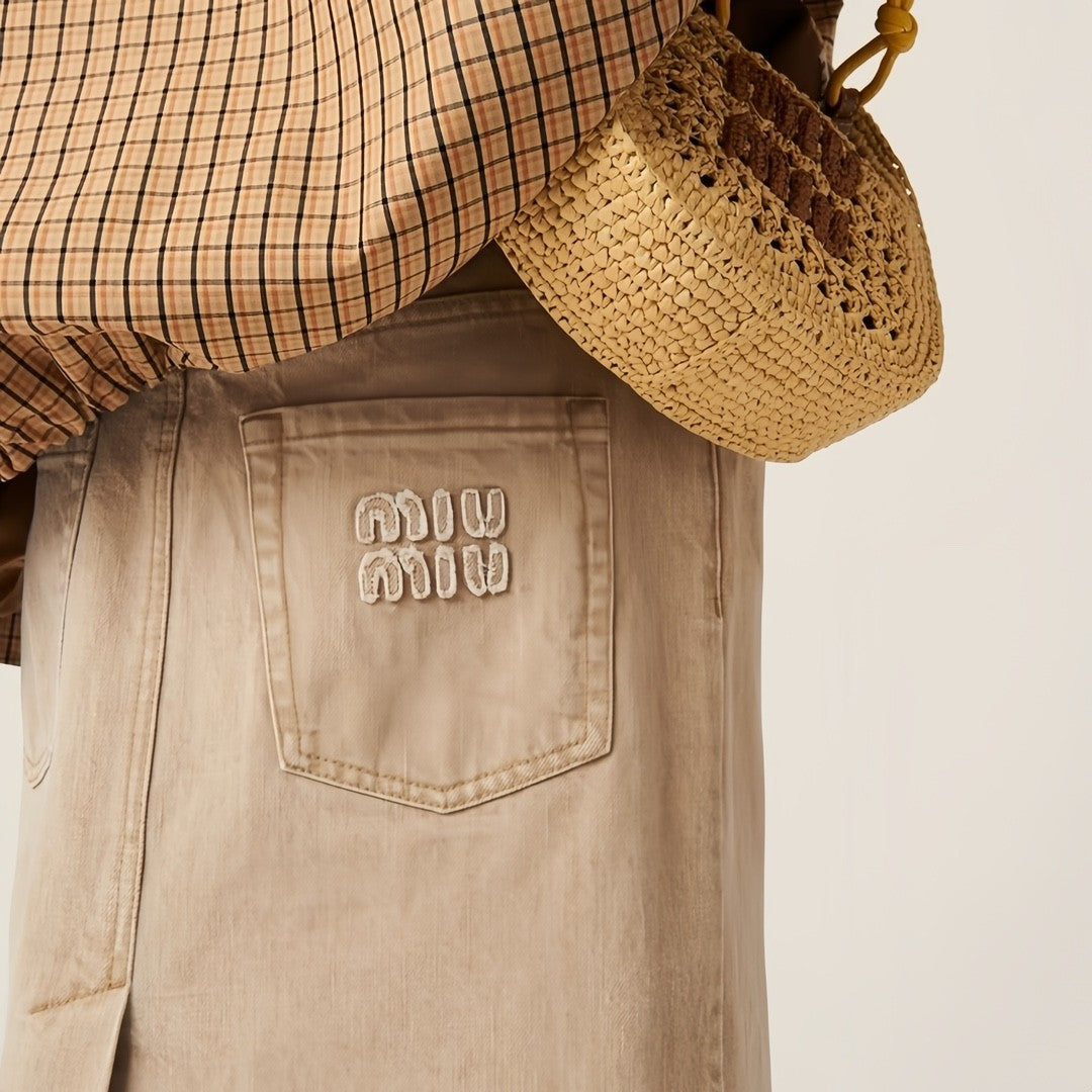 Women's Summer Beige Aged Effect Monogrammed Embroidered Half-body Skirt #72439