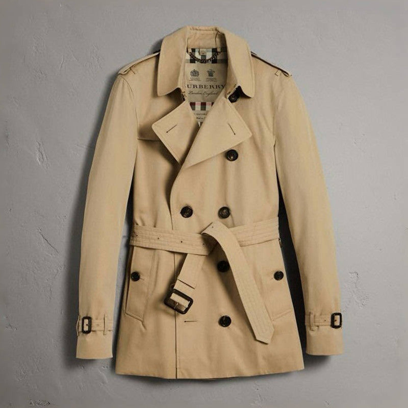 Men's Spring And Fall Solid Color Double Breasted Short Corseted Trench Coat Jacket #72857