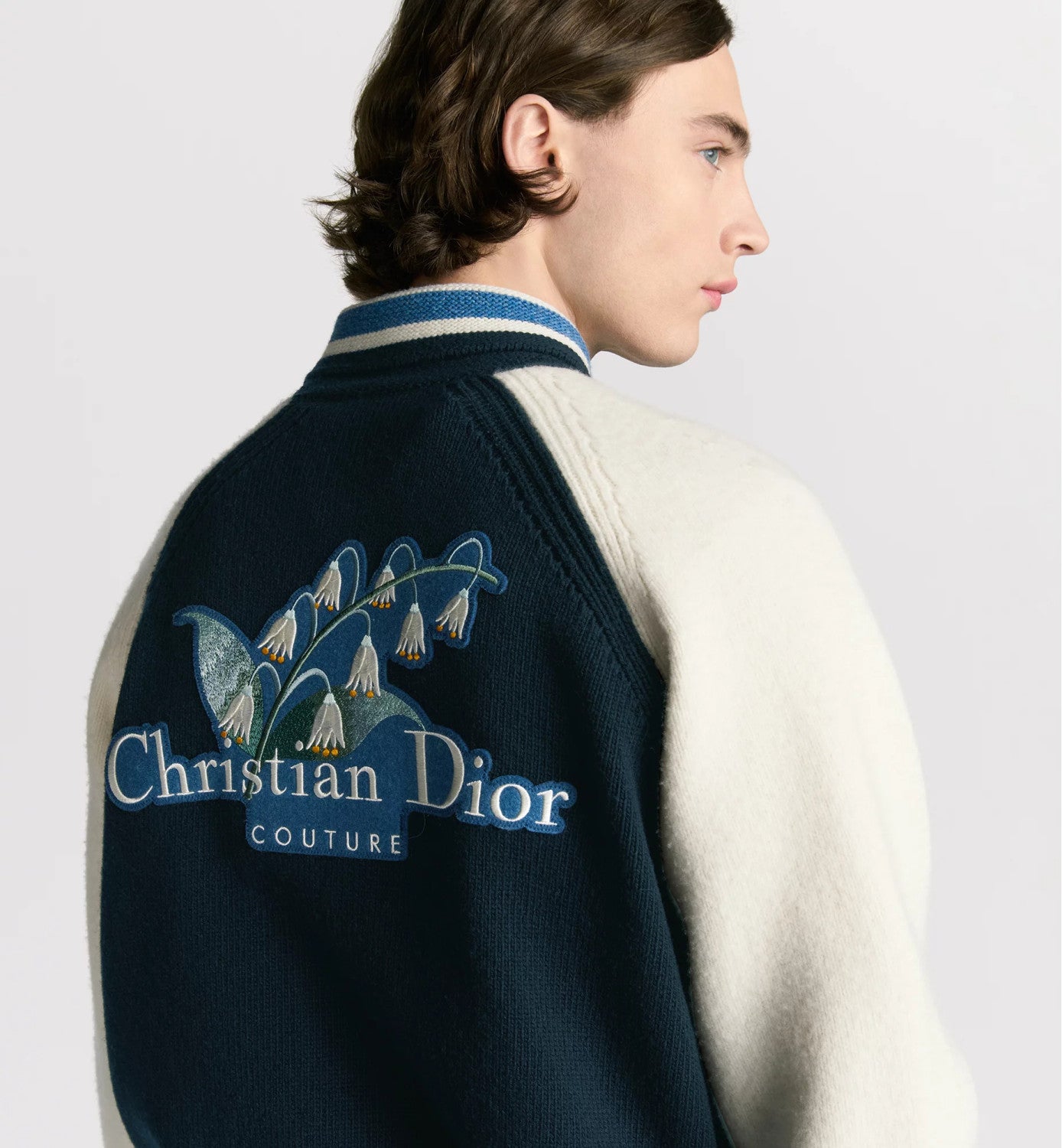 CD Men's Spring/Fall Vintage College-Style Color-Block Wool Sweater with Floral Embroidery Plain-Knit Long-Sleeve Oversized Cardigan #81595